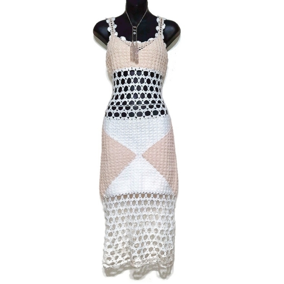 HANDCRAFTED Crochet Macrame Knit Dress Festival Midaxi Swim Cover Cream Tan S 4 - Picture 2 of 11
